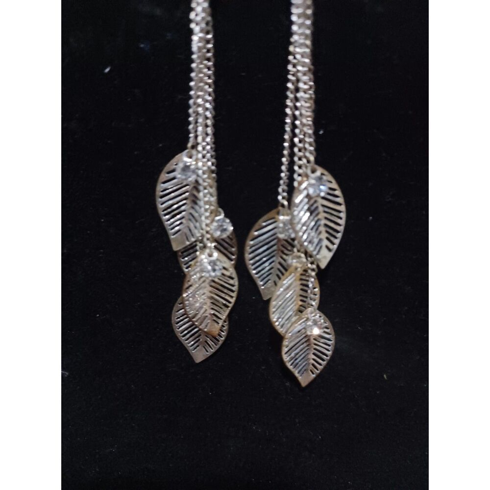 MI AMORE Silver-Toned Multi-Chain Leaf Charm Dangle Earrings - Picture 2 of 2
